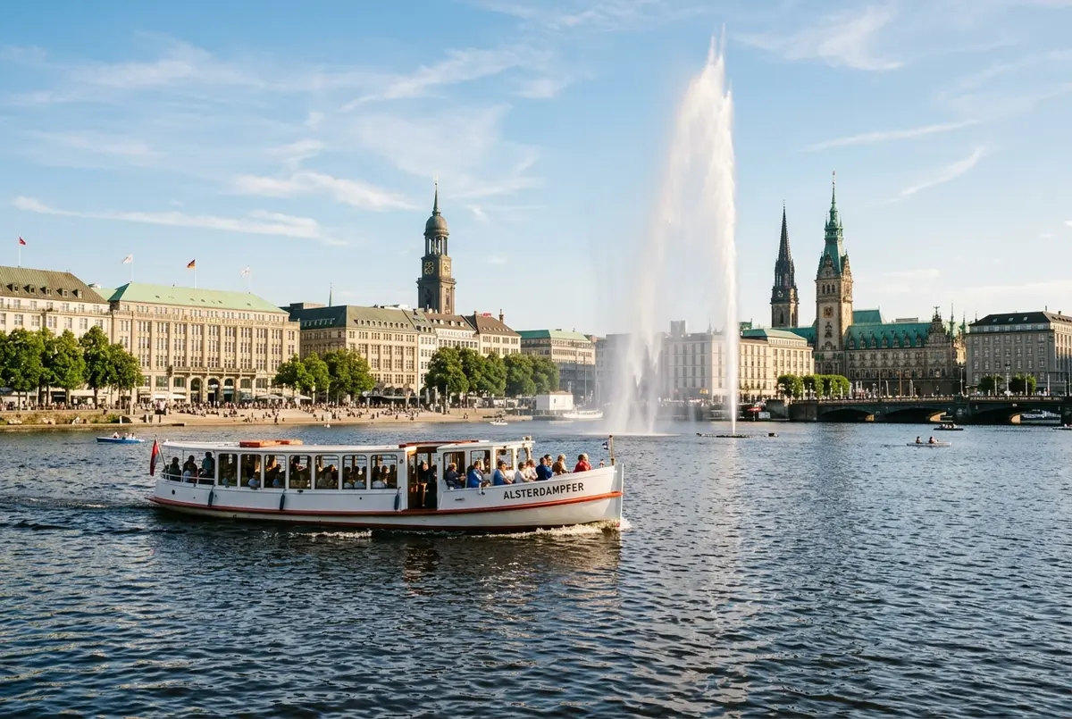 Tour boat on the open Binnenalster lake in Hamburg with the tall Alster fountain jet visible in the background near Jungfernstieg, bright daylight