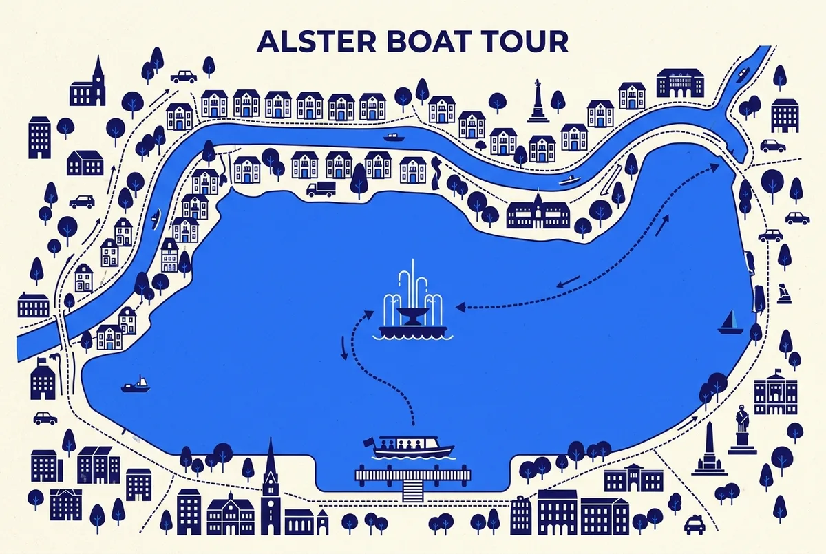 Simple route map showing a boat icon starting at Jungfernstieg pier, crossing the open Alster lake past a fountain icon, then turning into narrower canals lined with small villa icons, generic labels only, no prices or statistics