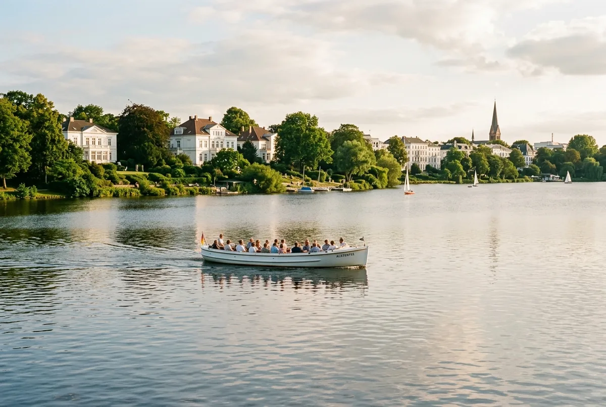 Small tour boat crossing the open Alster lake in Hamburg with villas and green parkland along the shore, soft afternoon light, calm water