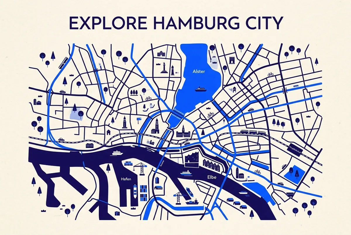 Simple map graphic showing the Alster lake and its canals in central Hamburg clearly separated from the Elbe river harbour area, generic labels only, no prices or statistics