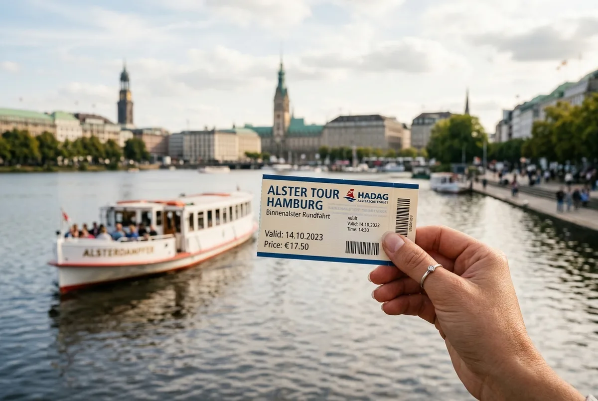 Close-up of a hand holding a boat ticket with the Alster lake and a tour boat softly blurred in the background, daylight, clean product-style composition