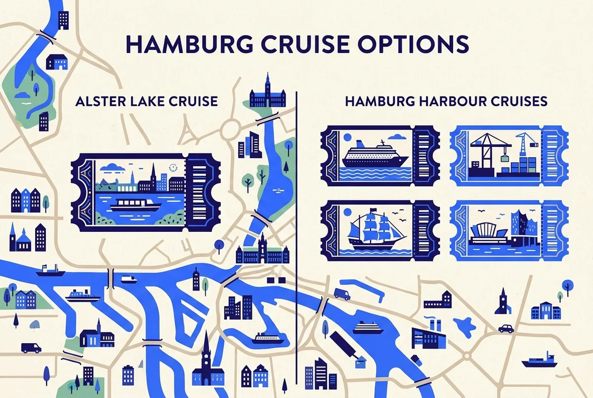 Simple infographic comparing a single Alster lake cruise ticket icon against four different Hamburg harbour cruise ticket icons, generic labels only, no prices or statistics shown