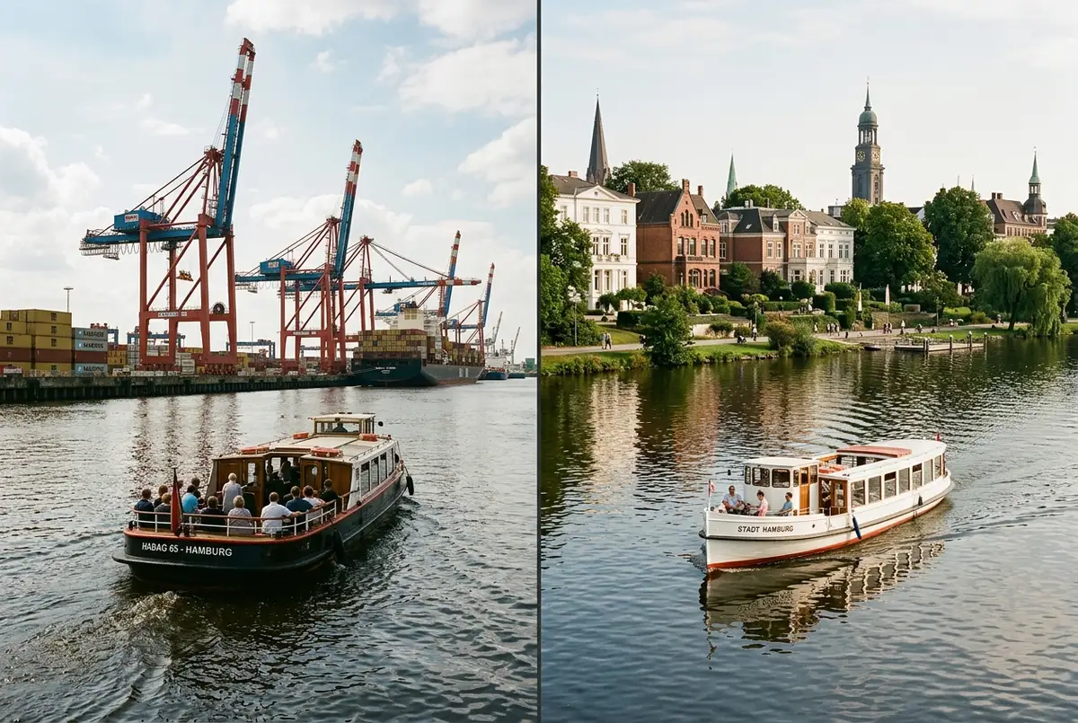 Reisender steht am Jungfernstieg in Hamburg und schaut unentschlossen zwischen einem Alster-Ausflugsboot links und einer Hafenbarkasse rechts, Entscheidungsmoment, weiches Nachmittagslicht