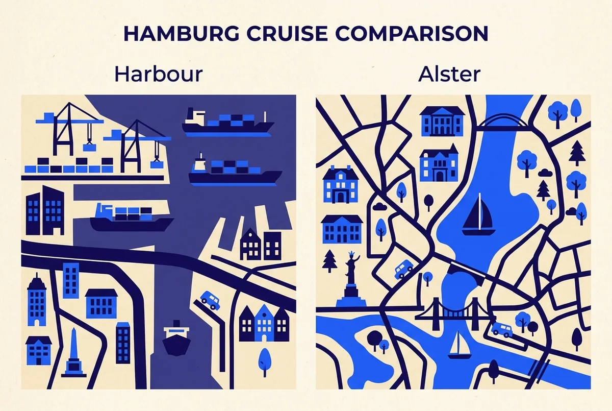 Einfache Vergleichsgrafik mit zwei Routenkarten Hamburgs nebeneinander, links eine Bootsroute auf der Außenalster mit Villen-Symbolen, rechts eine Bootsroute im Hafen mit generischen Schiffssymbolen, ohne Textbeschriftungen oder Preise