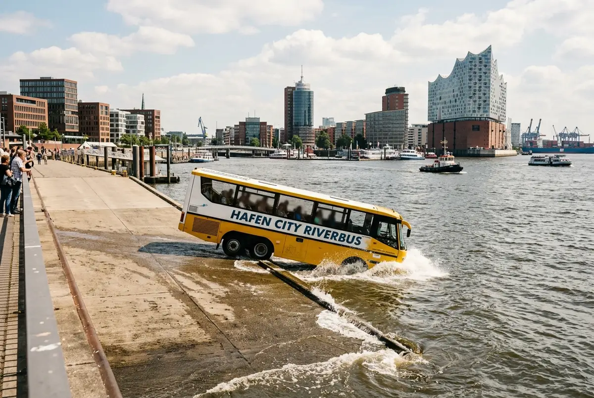 Amphibious tour vehicle midway down a concrete ramp, half on land and half entering Hamburg harbour water, HafenCity buildings in the background, daylight