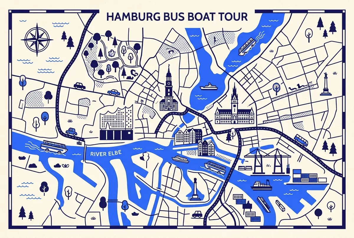 illustrated map of Hamburg highlights for Amphibious Bus & Boat Tours in Hamburg, hamburg bus boat tour