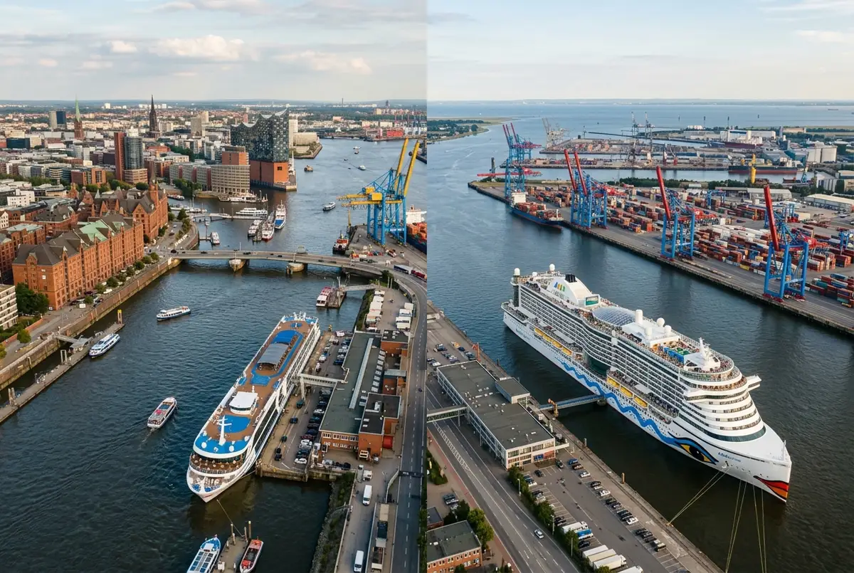 Wide aerial style view comparing a river cruise port and a seaside Baltic cruise port in Germany, cranes and ships visible, daylight travel photo