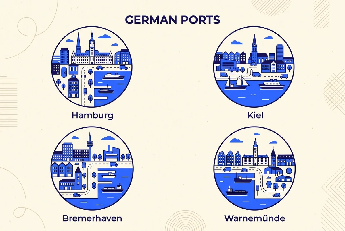 Simple comparison infographic with four generic port icons labeled by city name, Hamburg, Kiel, Bremerhaven, Warnemünde, no passenger numbers or statistics shown