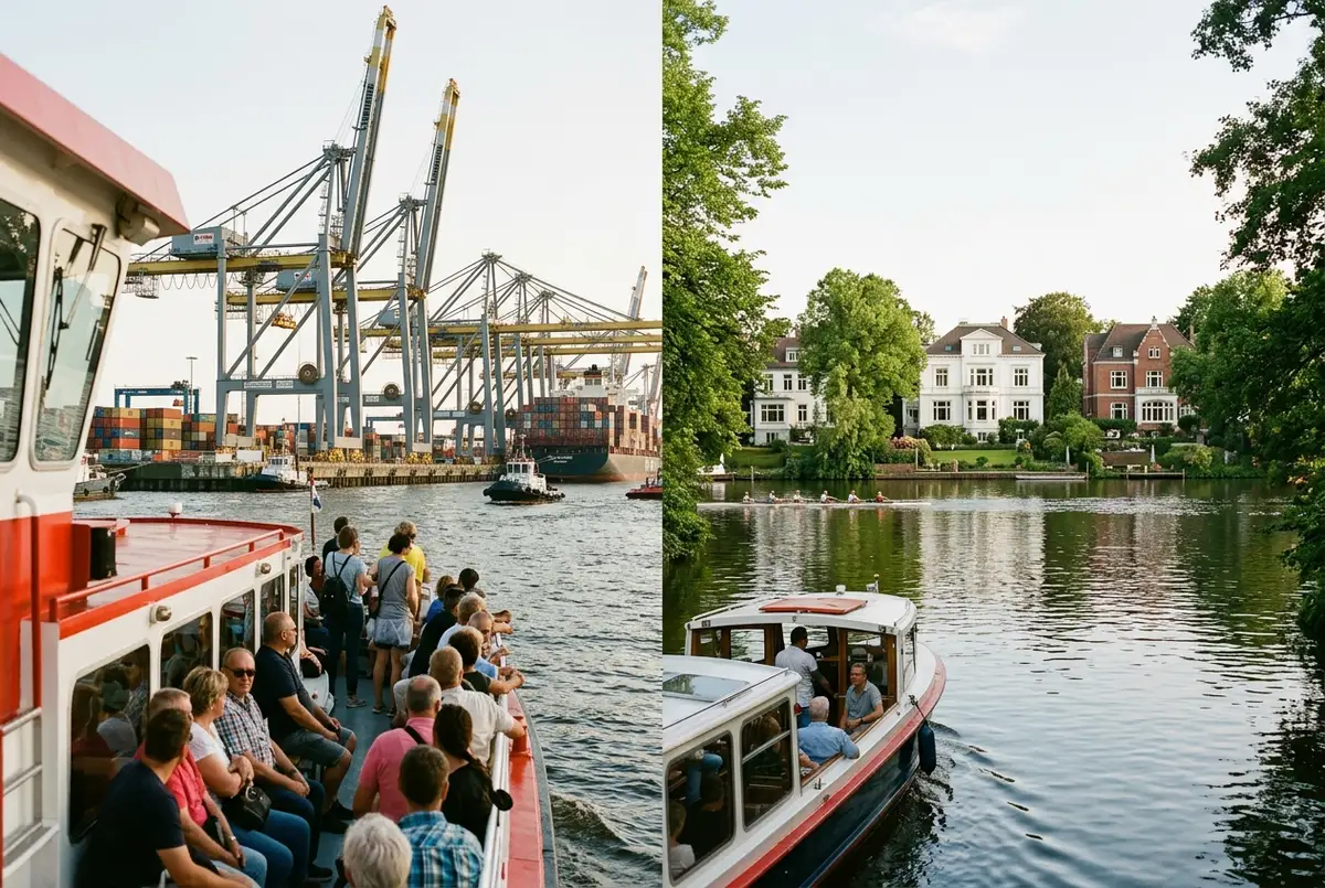 Delt billede der viser en havnerundfart forbi containerkraner i Hamborg på den ene side og en kanalrundfart forbi villaer på Alster på den anden, dagslys, ren redaktionel komposition