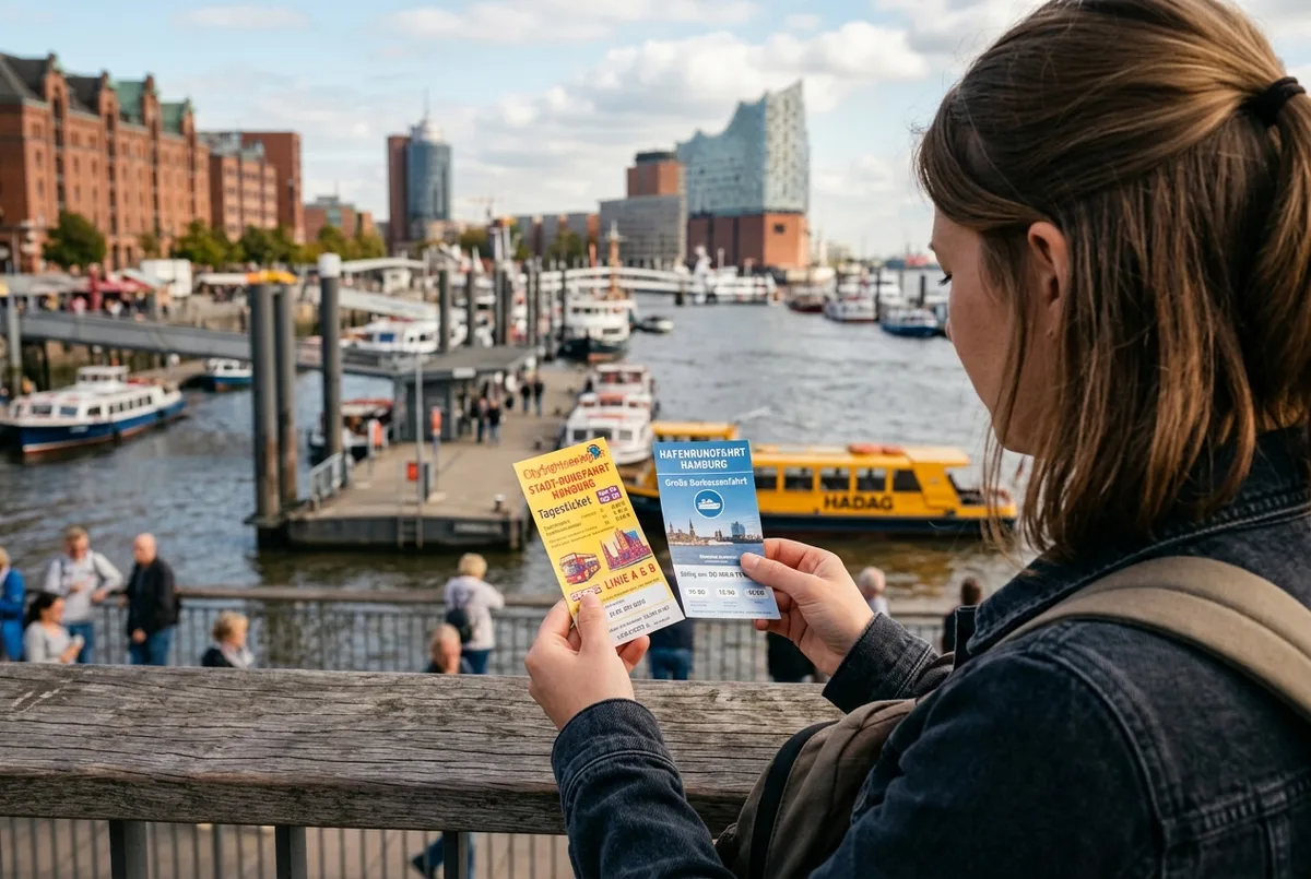 Tourist comparing a city sightseeing bus ticket and a harbour cruise ticket side by side at a Hamburg pier, decision mood, daylight