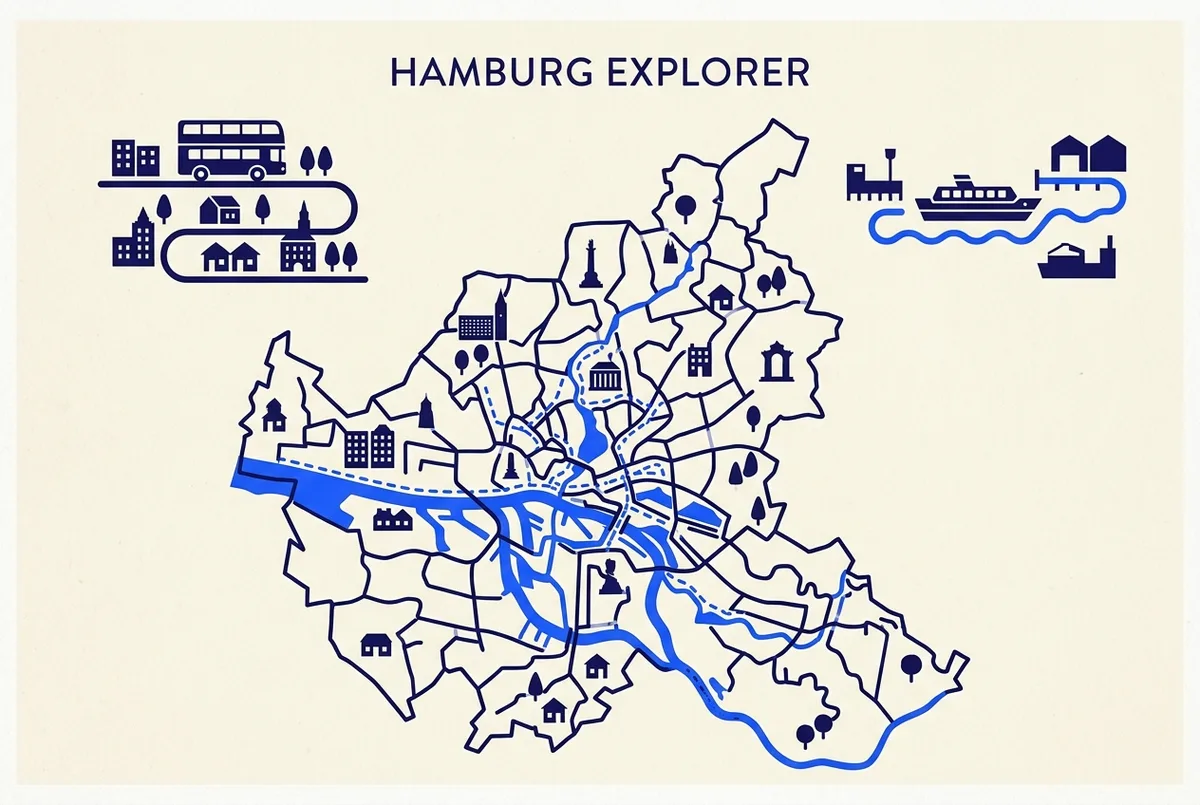 Simple side by side infographic comparing a city sightseeing bus route icon against a harbour cruise boat route icon on a basic Hamburg map outline, no prices or text labels, flat illustration