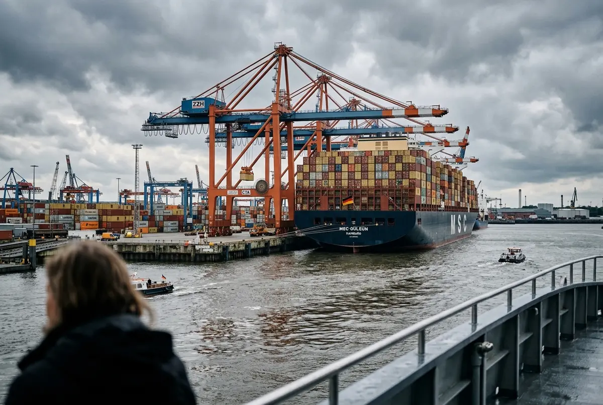 Groot containerschip en kraanlijn gezien vanaf een Hamburg havenrondvaart boot, industriële havensfeer, bewolkt werkhavenlicht