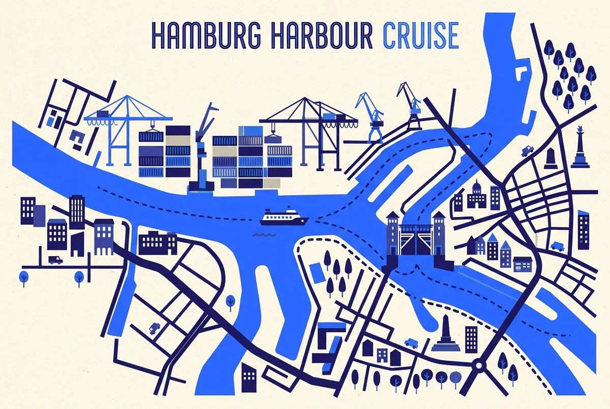 Eenvoudige kaart stijl infographic die een Hamburg havenrondvaart route laat zien die langs containerterminal iconen, kraan iconen en een sluisdeur icoon langs de rivier vaart, zonder tekstlabels, platte illustratiestijl