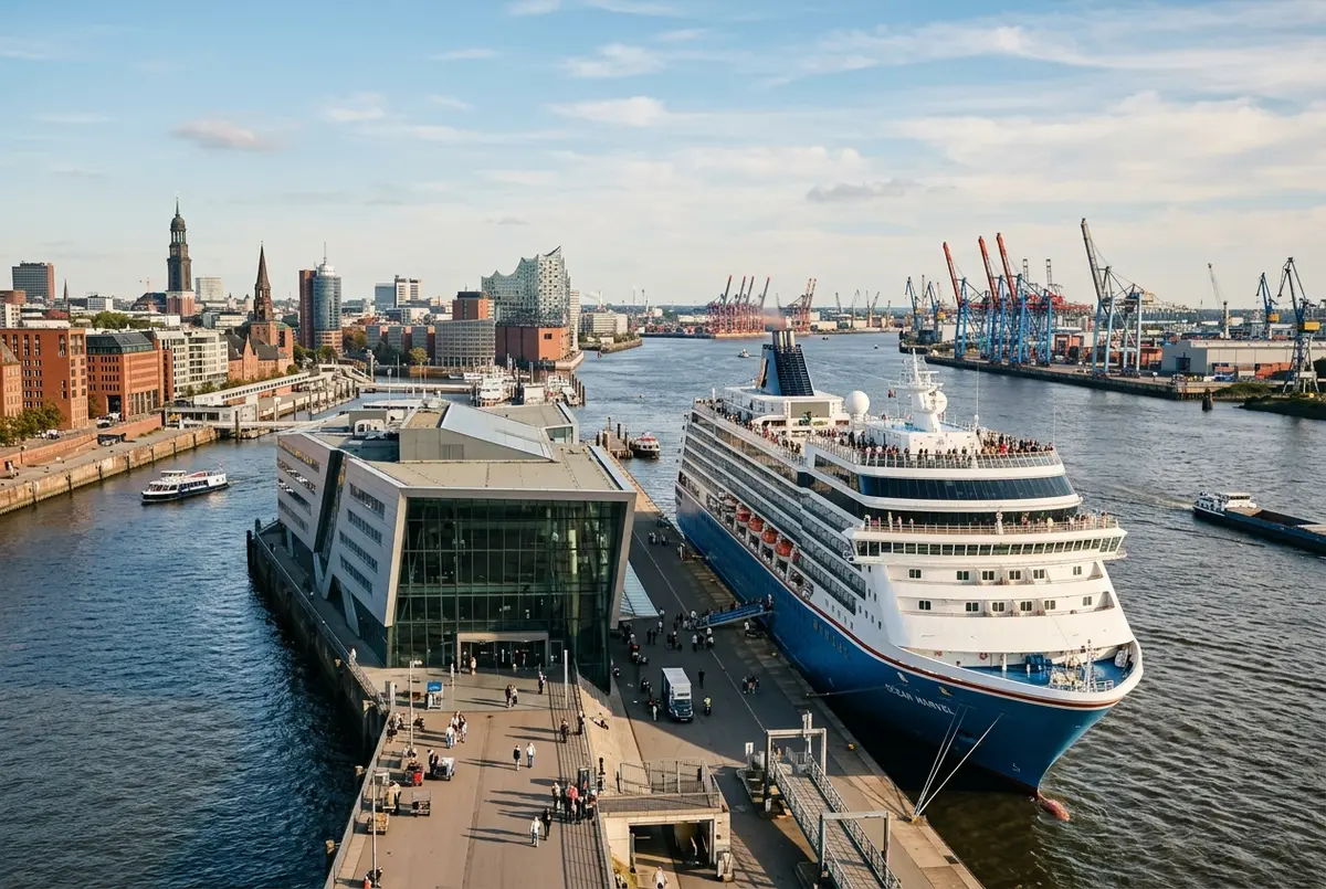 Large cruise ship docked at a modern Hamburg cruise ship terminal building on the Elbe river, cranes and warehouses in the background, daylight