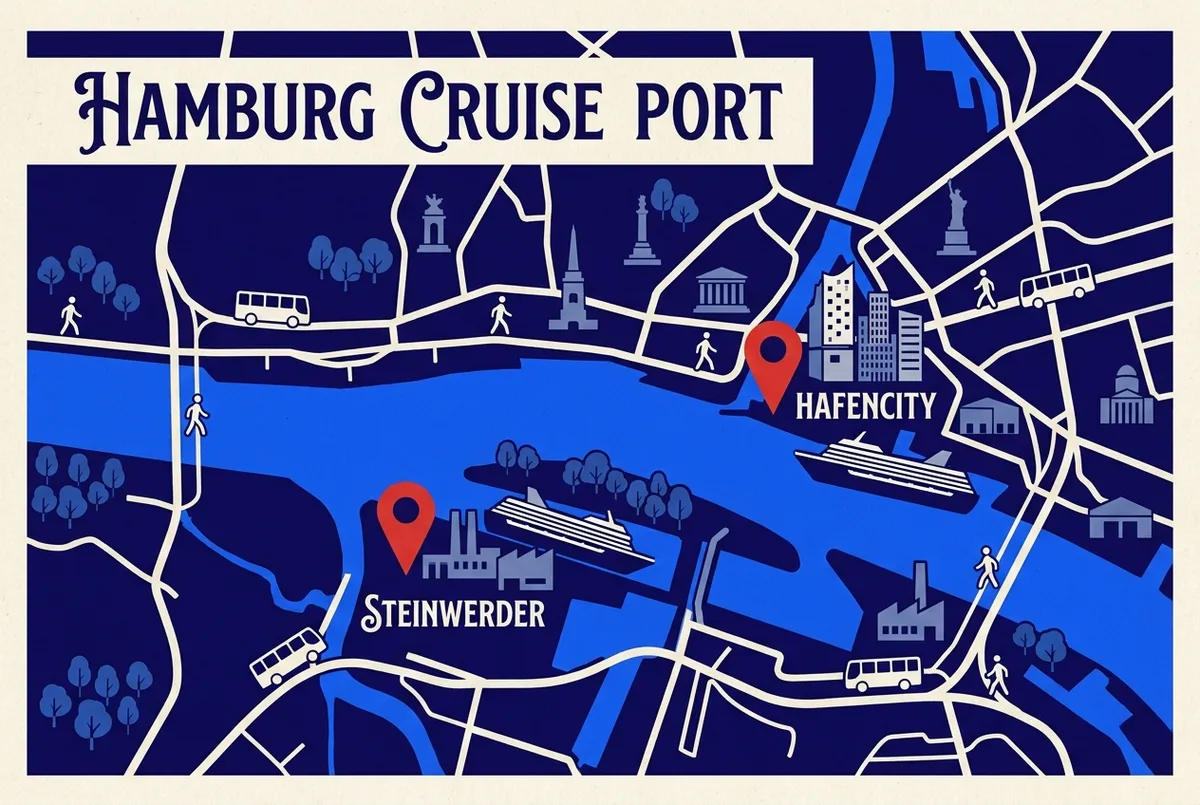 Simple infographic map showing two Hamburg cruise terminal pin icons on opposite banks of the Elbe river labeled HafenCity and Steinwerder, generic walking and shuttle icons, no prices or line names shown
