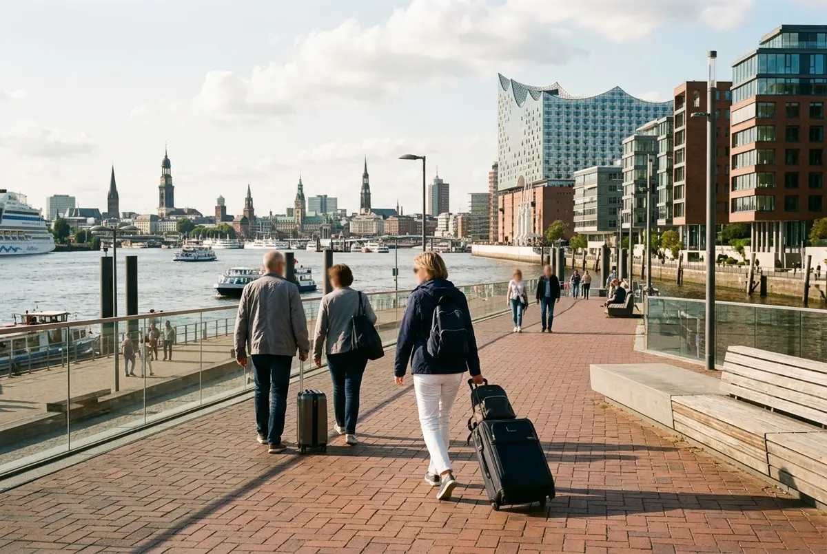 Cruise passengers walking with luggage along a Hamburg waterfront promenade toward the city skyline, HafenCity buildings in the distance, daylight