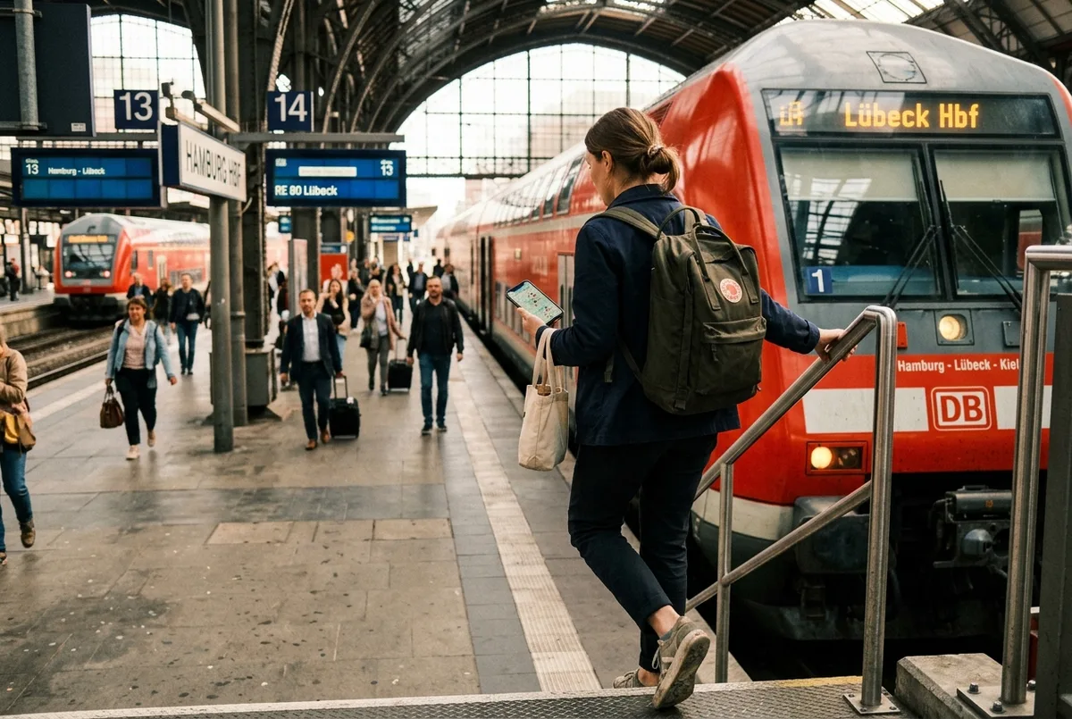 Traveler boarding a regional train at Hamburg Hauptbahnhof with a map of day trip destinations like Lübeck visible on a phone screen, practical travel mood