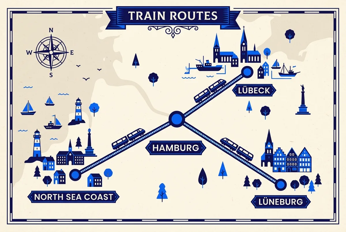 Simple train route map infographic showing Hamburg at the center with lines to Lübeck, Lüneburg and a North Sea coast town, generic train icons, no times or prices shown