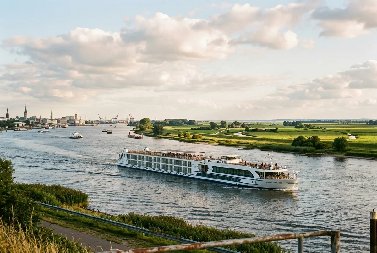Größeres Flusskreuzfahrtschiff auf der breiten Elbe mit flacher Marschlandschaft am Ufer, Blick von Hamburg flussabwärts Richtung Cuxhaven, weiter Himmel