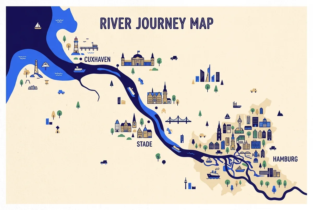 Einfache Kartenillustration der Elbe von Hamburg bis zur Nordseemündung mit Stationen für Cuxhaven, Stade und Lauenburg, generische Fluss- und Städte-Symbole, ohne Fahrzeiten oder Preise