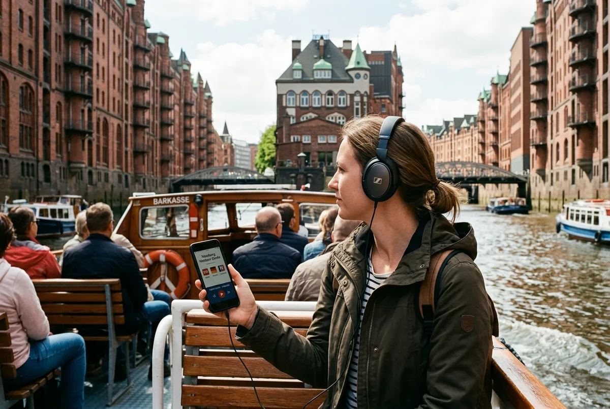 Traveler on a Hamburg harbour cruise boat wearing headphones and listening to a multilingual audio guide app on a phone, warehouse district in the background, daylight