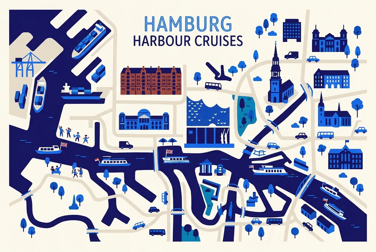 illustrated map of Hamburg highlights for Hamburg Harbour Cruises With English Commentary, hamburg boat tour english