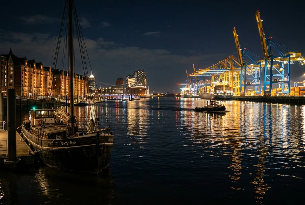 Verlichte pakhuizen van Speicherstadt weerspiegeld in het water tijdens een avondlijke havenrondvaart Hamburg, warme gele verlichting bij schemering