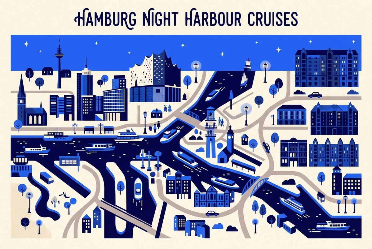 illustrated map of Hamburg highlights for Evening & Night Harbour Cruises in Hamburg, hamburg night boat tour
