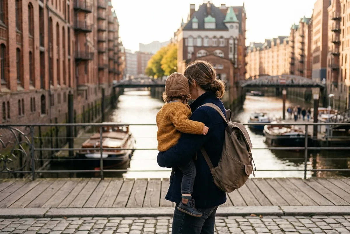 Famille avec un jeune enfant et un petit chien en laisse à bord d'une croisière dans le port de Hambourg, pont ensoleillé avec vue sur le Speicherstadt