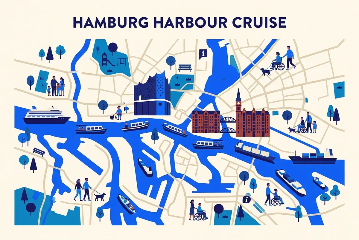 Tableau illustré comparant les règles poussette, chien et âge minimum des huit croisières en bateau à Hambourg sous forme d'icônes simples
