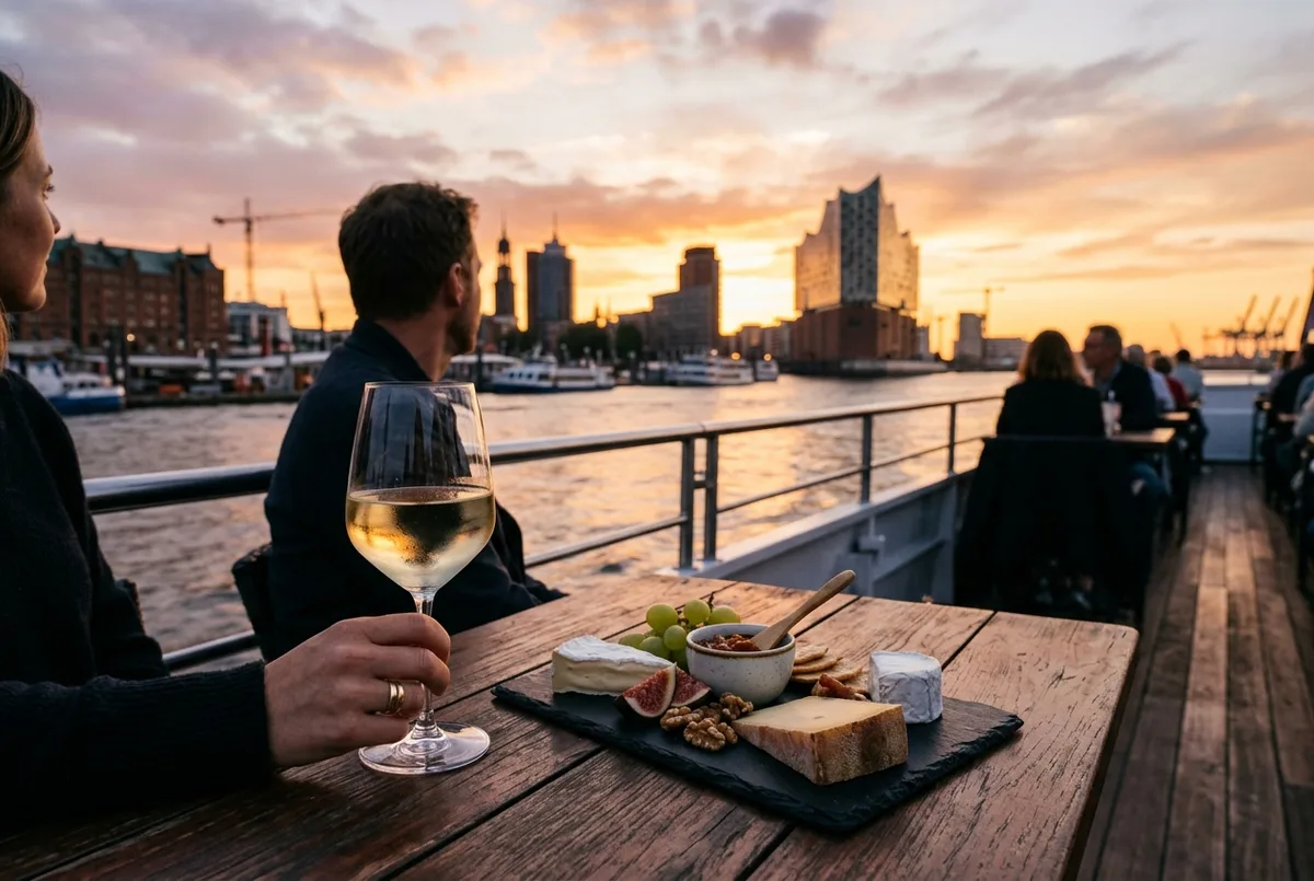 Koppel klinkt met wijnglazen aan een tafel op een hafenrundfahrt Hamburg dinercruise boot bij zonsondergang, haven en Elbphilharmonie op de achtergrond, warm avondlicht