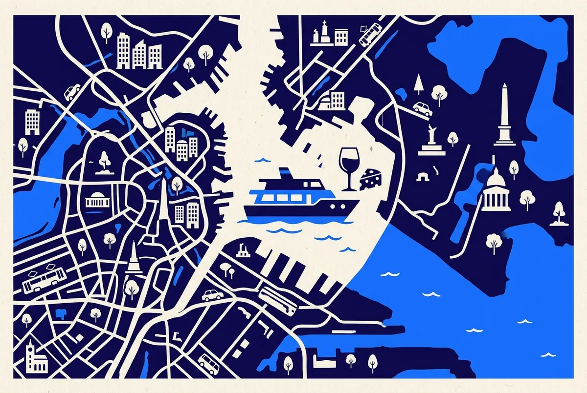 Simpel infografik der viser indholdet af en havnerundfart i Hamborg med spisning: tre vinglas-ikoner, et osttallerken-ikon og et solnedgangsikon, flad redaktionel stil, ingen priser eller tal