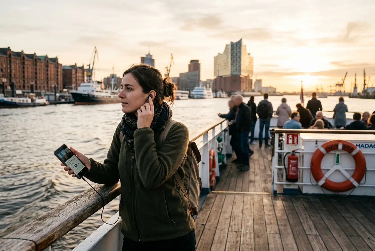 Touriste francophone écoutant un audioguide sur smartphone à bord d'une croisière dans le port de Hambourg, casque sur les oreilles devant le Speicherstadt