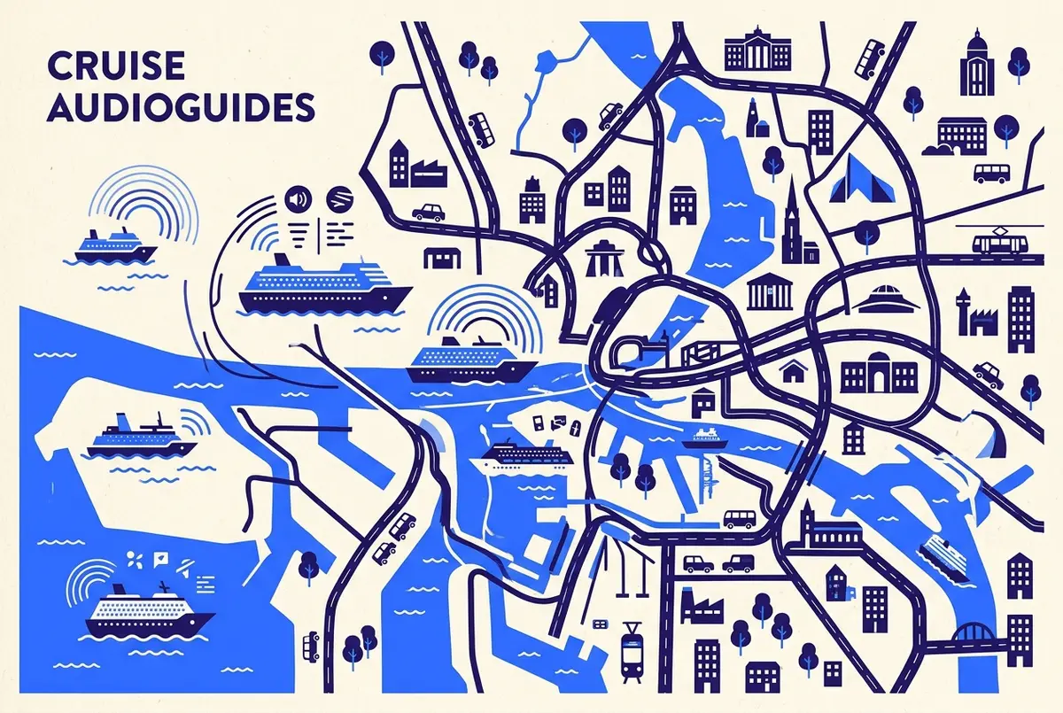 Carte comparative illustrée montrant quelles croisières du port de Hambourg proposent une application audioguide multilingue et combien de langues chacune couvre