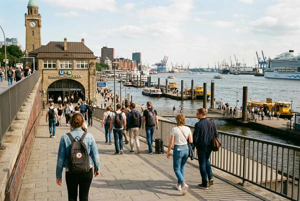 Travelers walking from the St. Pauli Landungsbrücken U-Bahn station toward the Hamburg ferry piers, harbour visible ahead, daylight, documentary travel photo mood