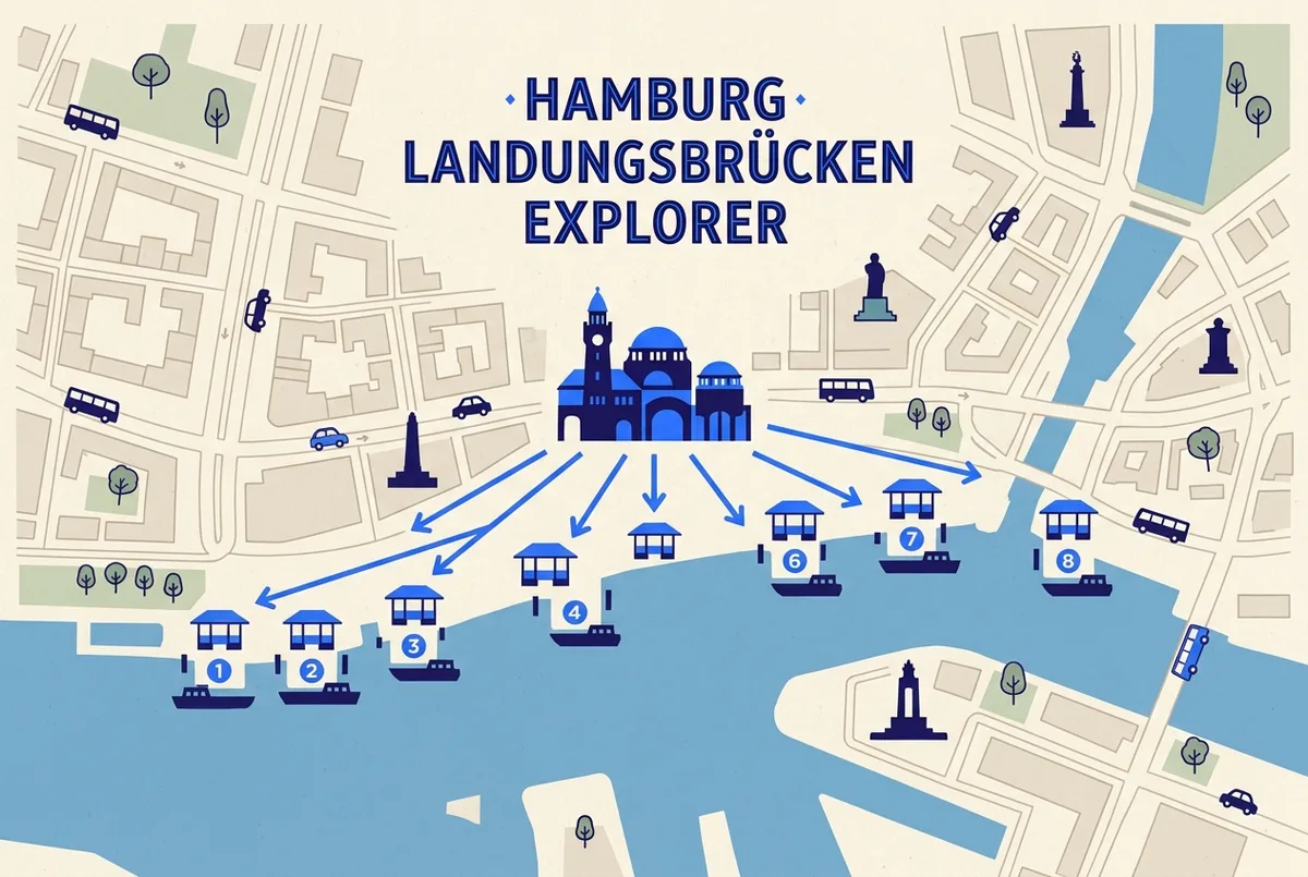 Simple map style infographic showing the St. Pauli Landungsbrücken station icon with short walking-distance arrows pointing to several numbered pier icons along the waterfront, no timetable text shown
