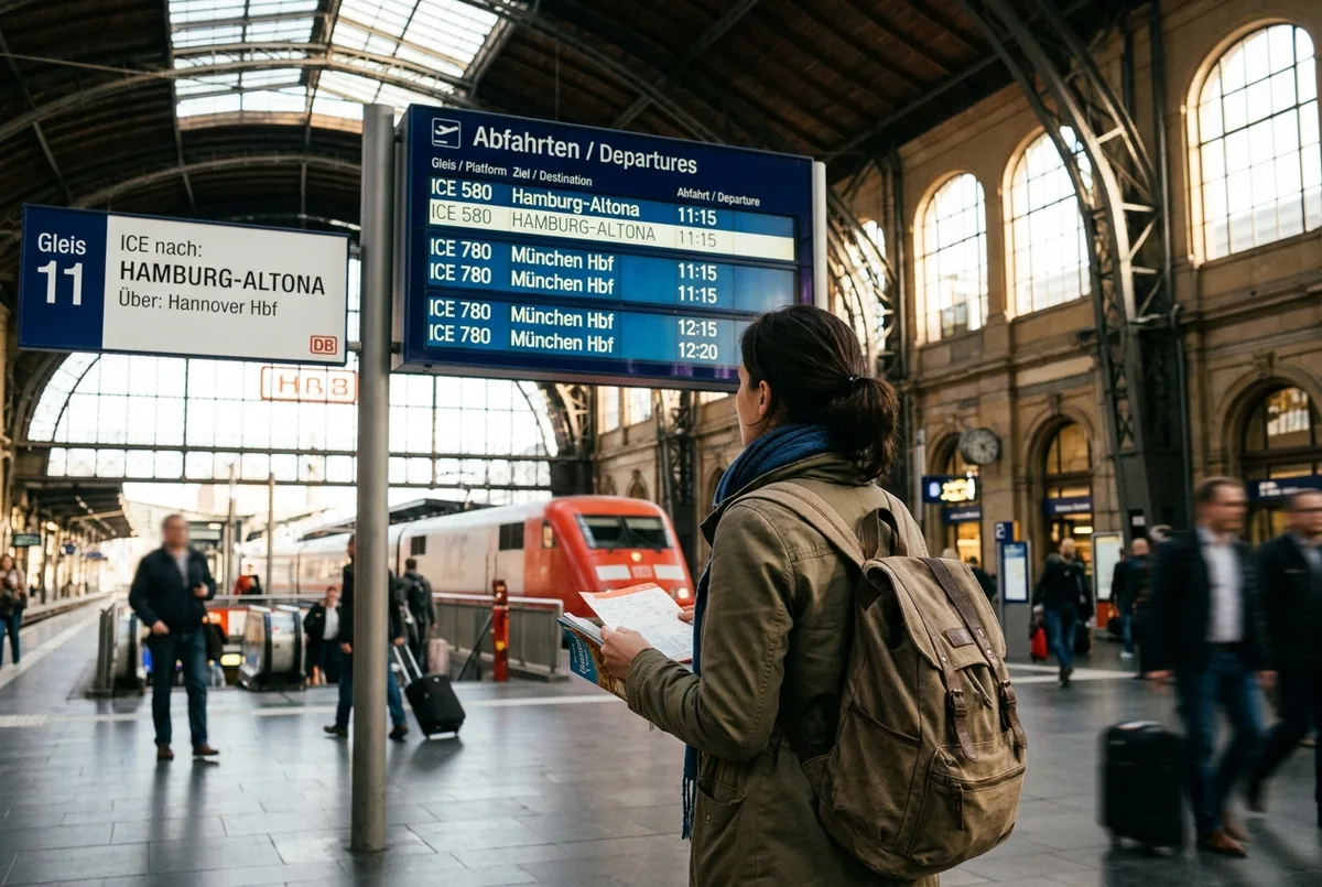 Traveler checking a departures board at a German train station with a Hamburg-bound ICE train platform sign visible, distance from munich to hamburg travel planning scene