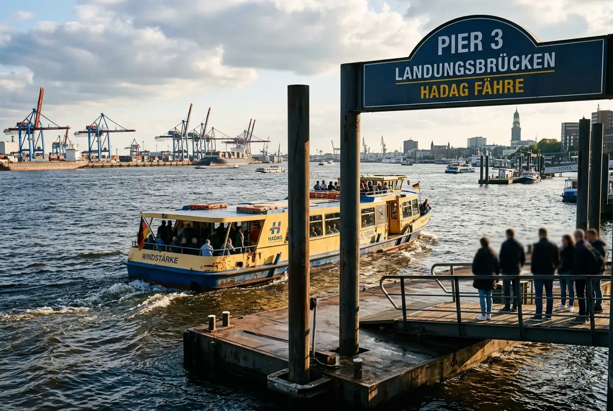 Hamburg HADAG ferry boat departing a numbered pier at Landungsbrücken, Elbe river in the background, daylight, documentary travel photo mood