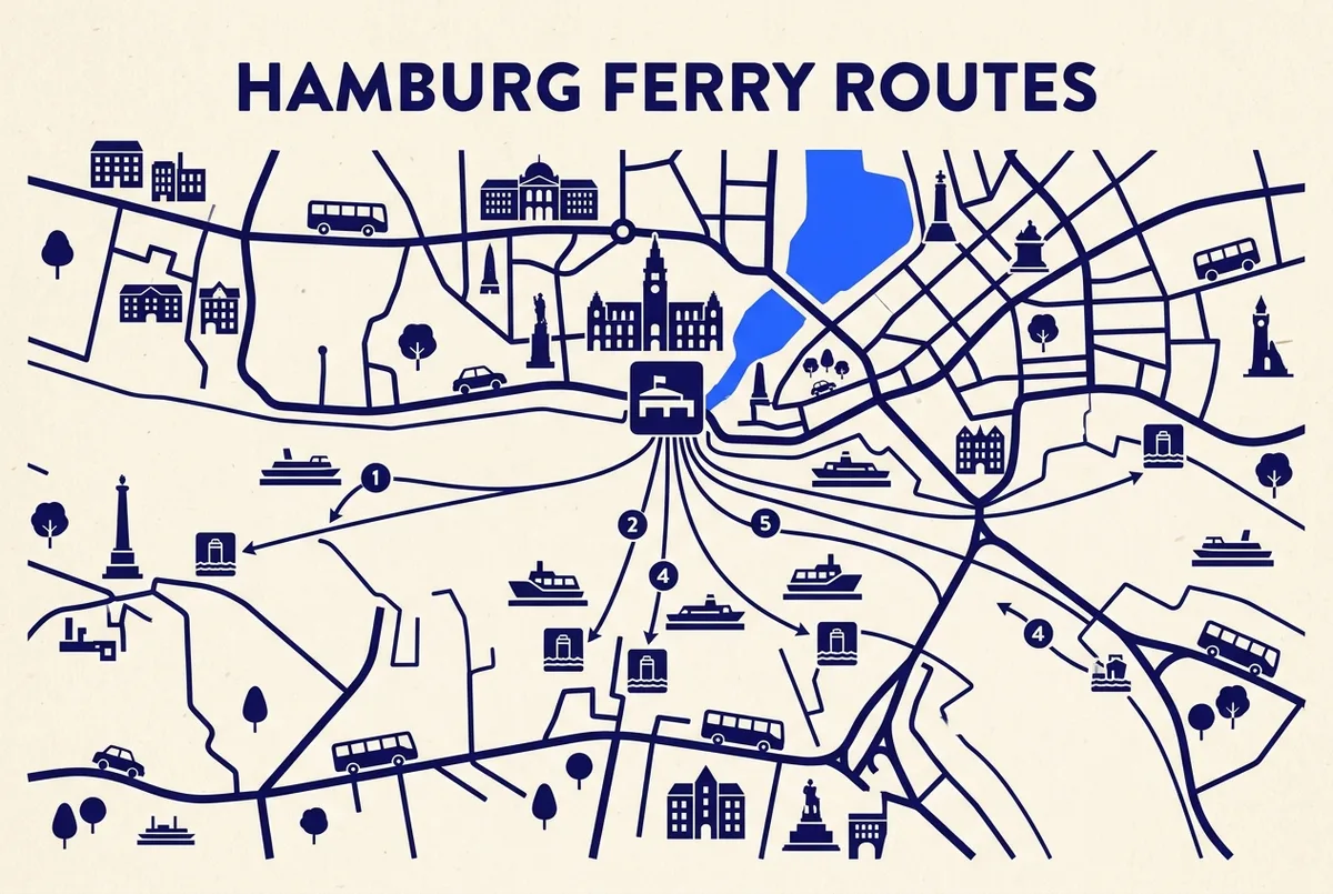Simple route-map style infographic showing numbered Hamburg ferry lines fanning out from a central Landungsbrücken pier icon across the Elbe river, generic line and dock icons, no timetable text shown