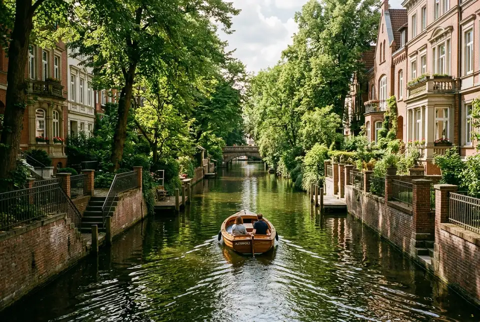 Lille båd glider gennem en grøn kanal i Hamborg omkranset af træer og gamle villaer under en kanalrundfart, blødt sollys på vandet