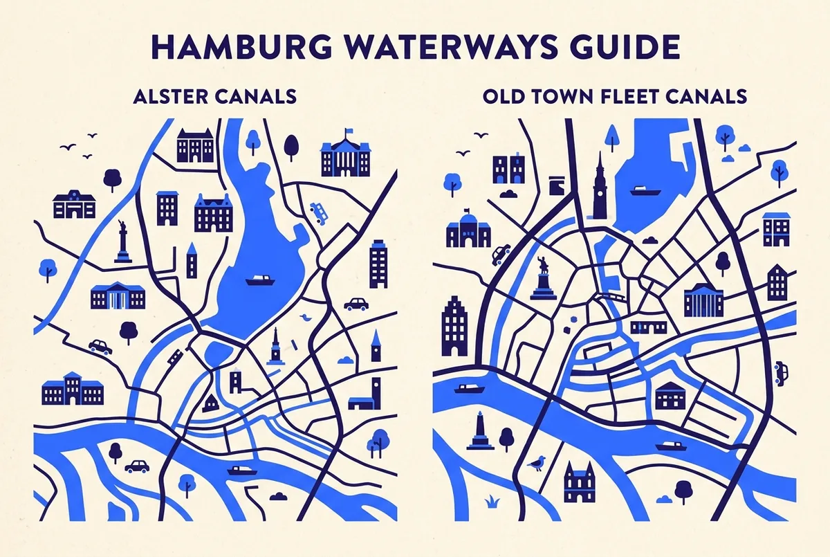 Simpel infografik der viser to separate vandsystemer i Hamborg side om side, Alsters kanaler og den arbejdende havn, generiske etiketter, ingen priser eller tal vist