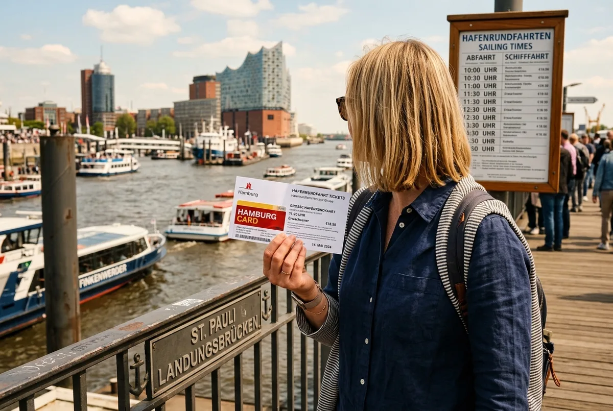 Toerist houdt een Hamburg Card OV pas naast een geprint havenrondvaart Hamburg ticket bij een leuning op de Landungsbrücken steiger, zonnig ochtendlicht