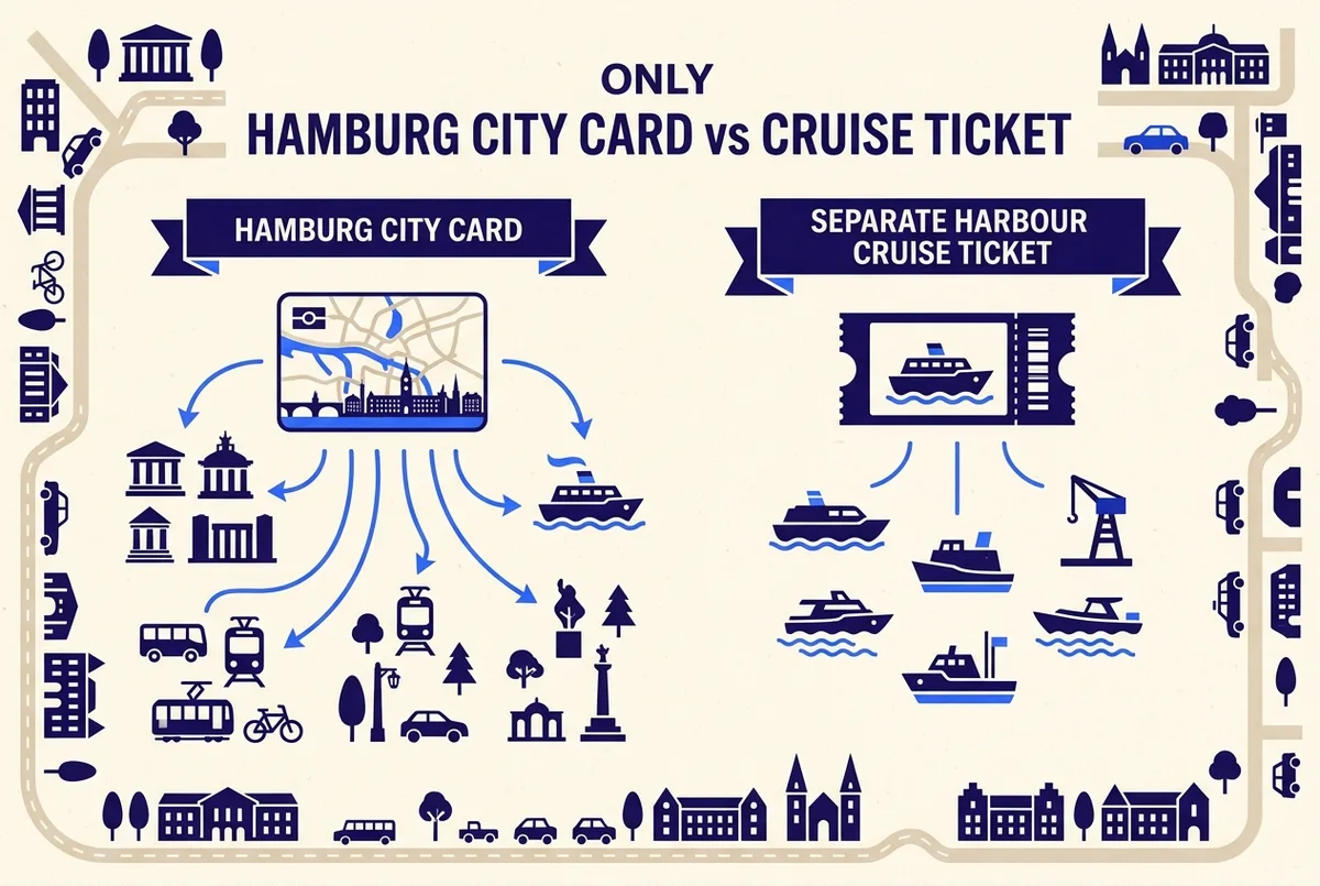 Eenvoudige icoon infographic die een Hamburg stadspas vergelijkt met een los havenrondvaart ticket, generieke boot en OV iconen, zonder prijzen of cijfers