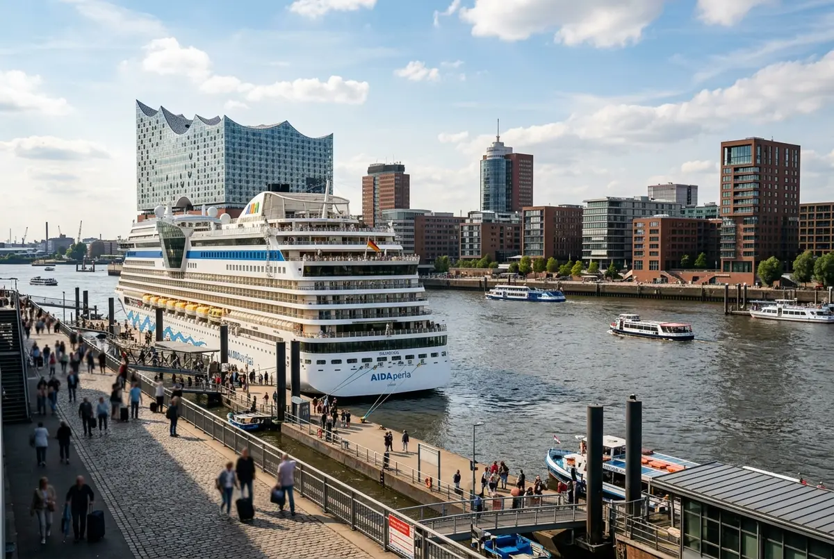 Grand paquebot de croisière amarré au terminal de HafenCity à Hambourg, Elbphilharmonie visible à l'arrière-plan sous un ciel matinal