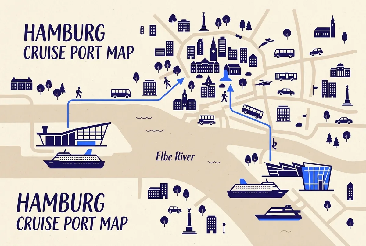 Simple map style infographic comparing a Hamburg cruise terminal icon on each side of the Elbe river, HafenCity and Steinwerder, with generic walking and shuttle icons between them and the city centre, no prices or schedules shown