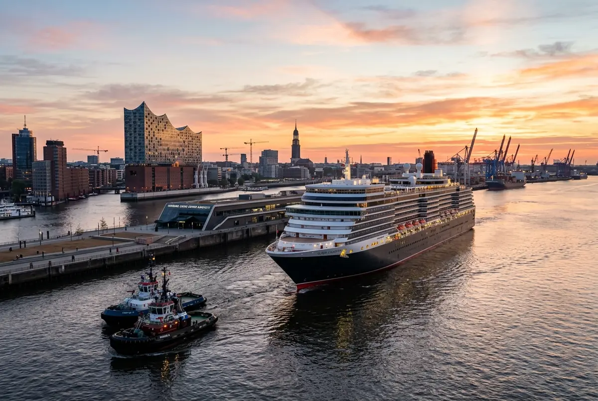Cruise ship arriving at a Hamburg port terminal at sunrise, tugboats nearby, calm Elbe river water, wide travel photo
