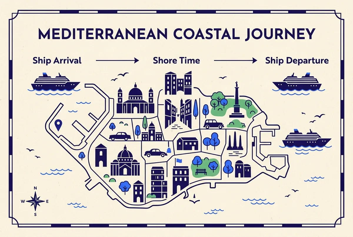 Simple calendar style infographic showing generic icons for ship arrival, shore time, and ship departure across a single day, no dates or ship names shown