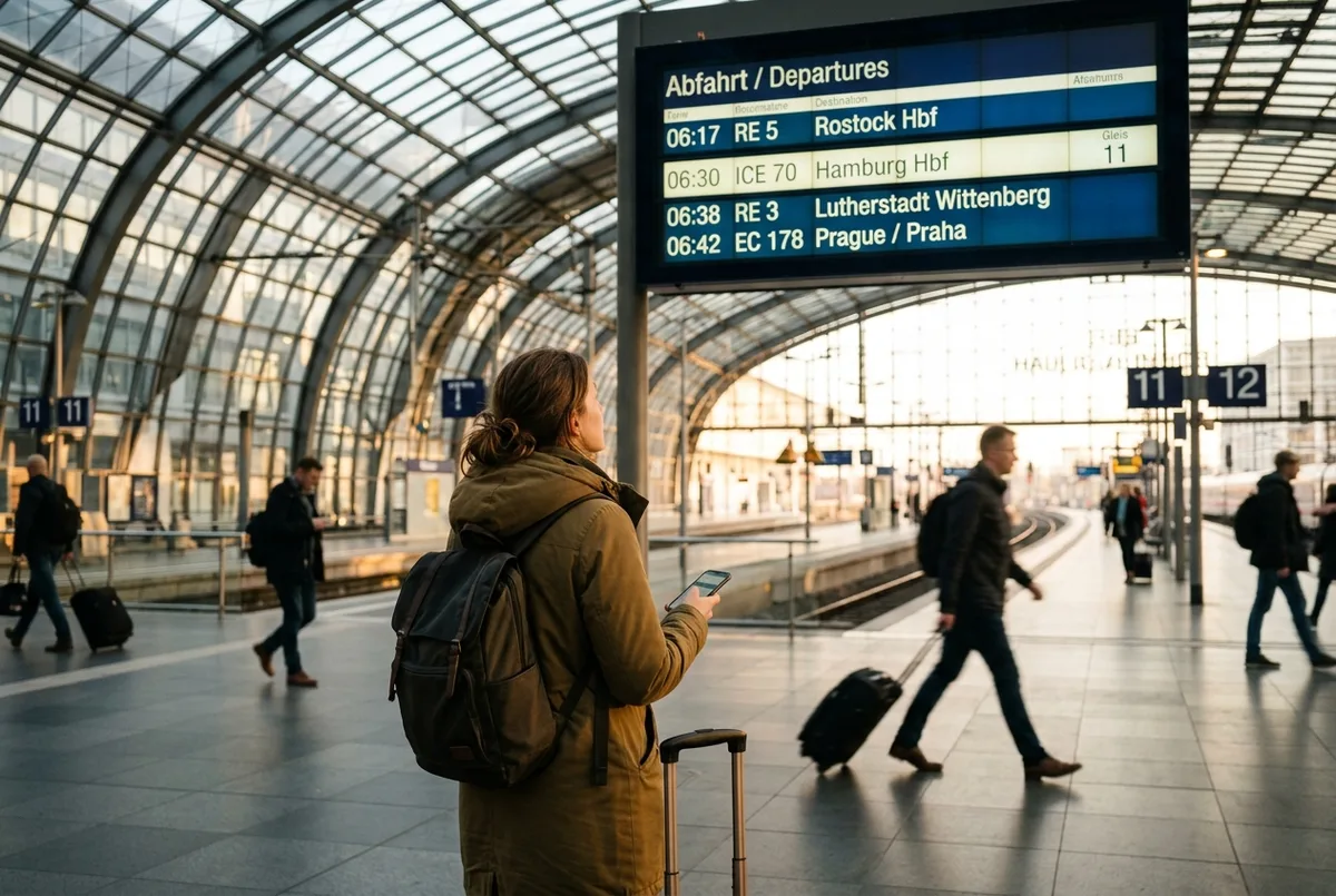 Traveler checking a train departure board at Berlin Hauptbahnhof with Hamburg listed as the destination, early morning commuter mood