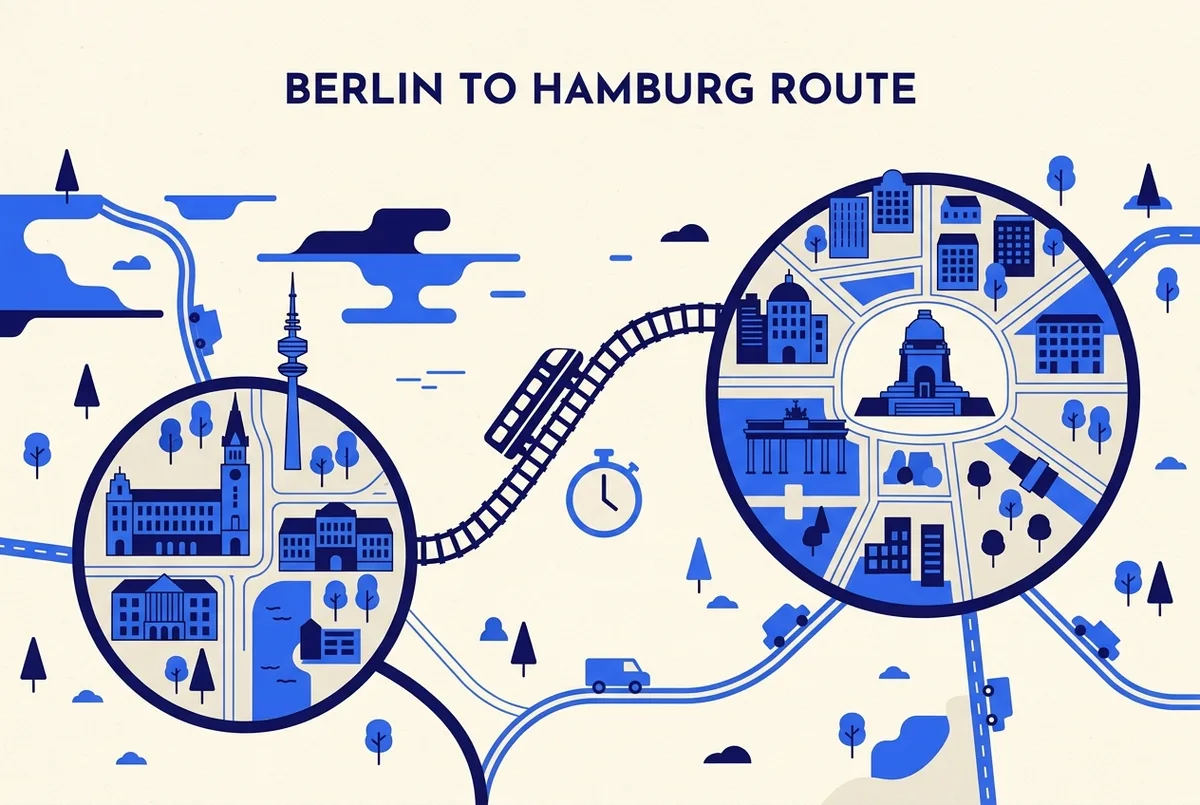 Simple route map infographic showing Berlin and Hamburg connected by a train line with an approximate travel time icon, no exact prices or schedules shown