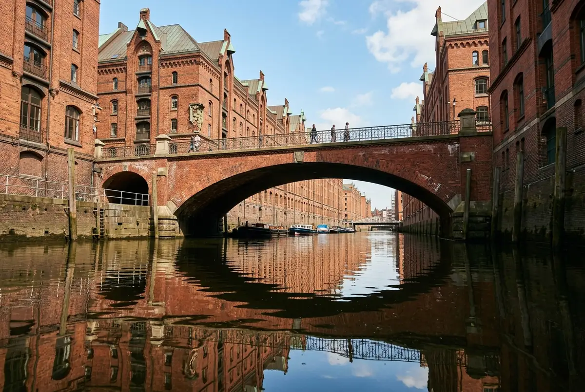 Low angle photo of a red brick Speicherstadt warehouse bridge reflected in a narrow Hamburg canal at midday, hamburg bridges how many travel fact scene